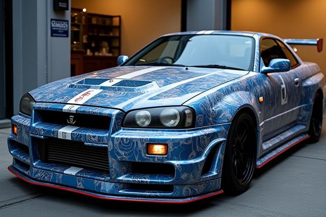 ケンジ氏のカスタムされたスカイラインGT-R R34のクローズアップ